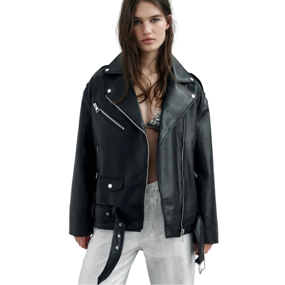 ZARA BLACK FAUX LEATHER MOTO BIKER JACKET BELTED ZIP COAT SIZE LARGE **NWOT** - Picture 3 of 13